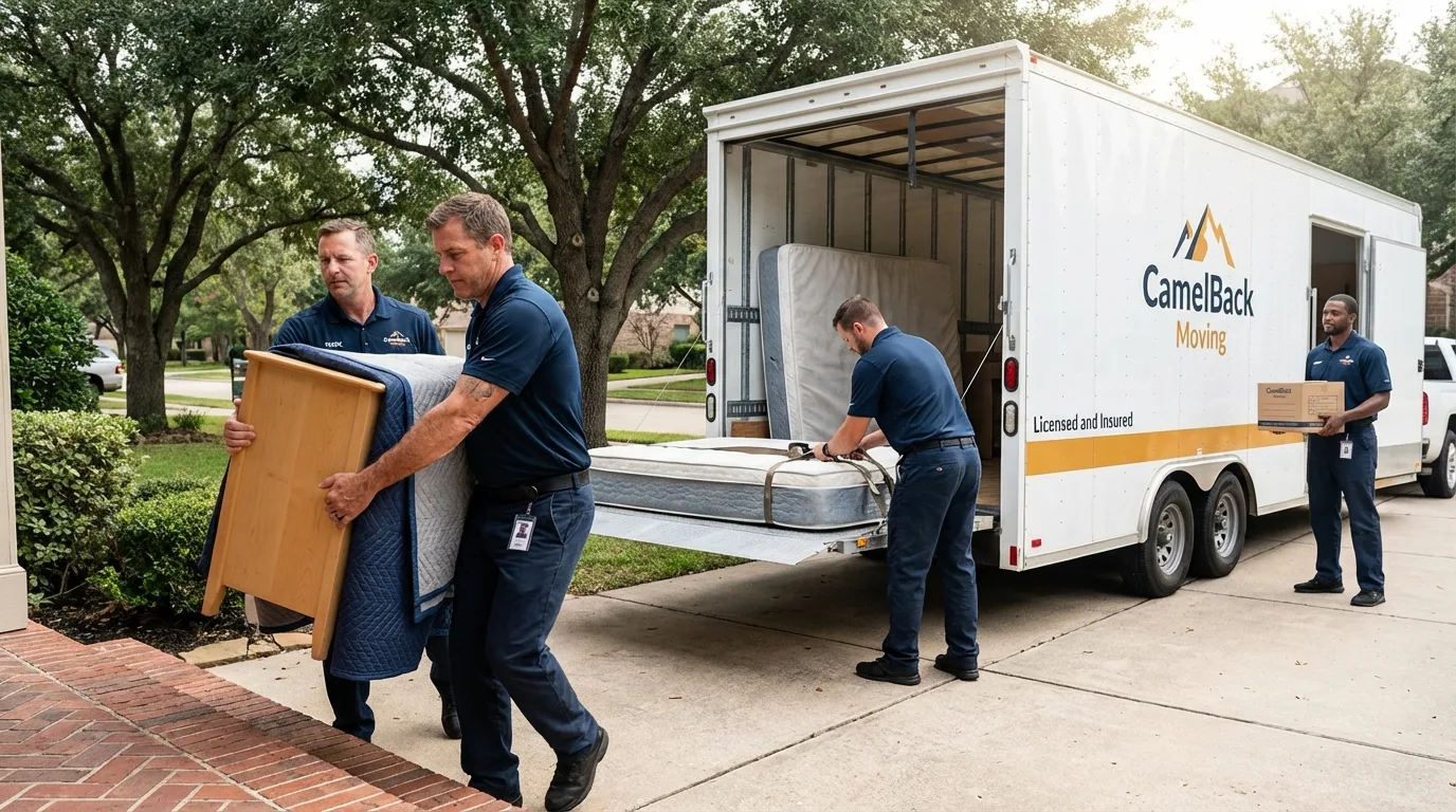 Crew loading residential truck for cross-state move from El Centro, CA