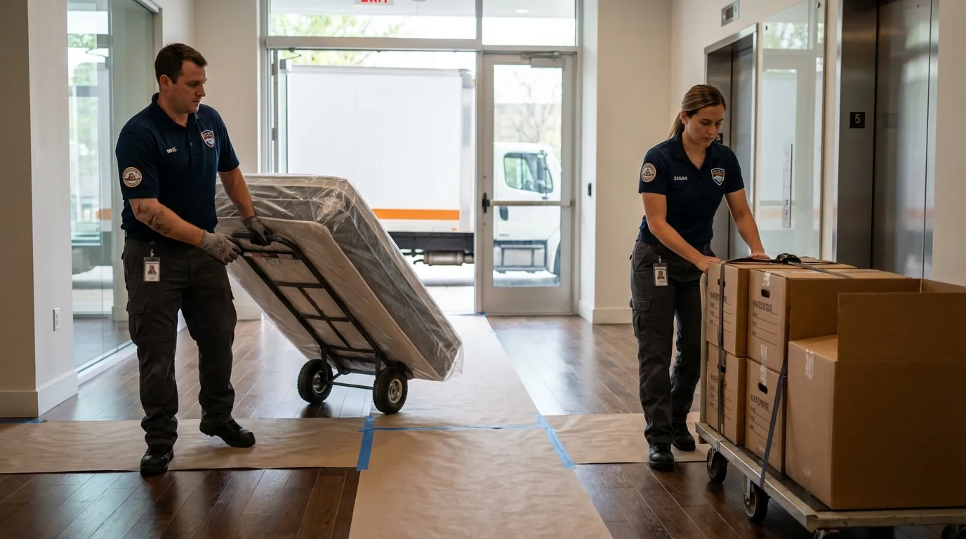 Professional apartment movers loading elevator in El Centro, CA
