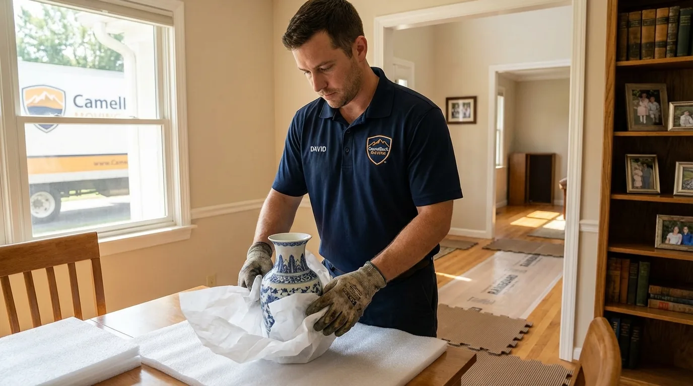 Professional crew carefully wrapping antique vase for senior downsizing move in El Centro, CA